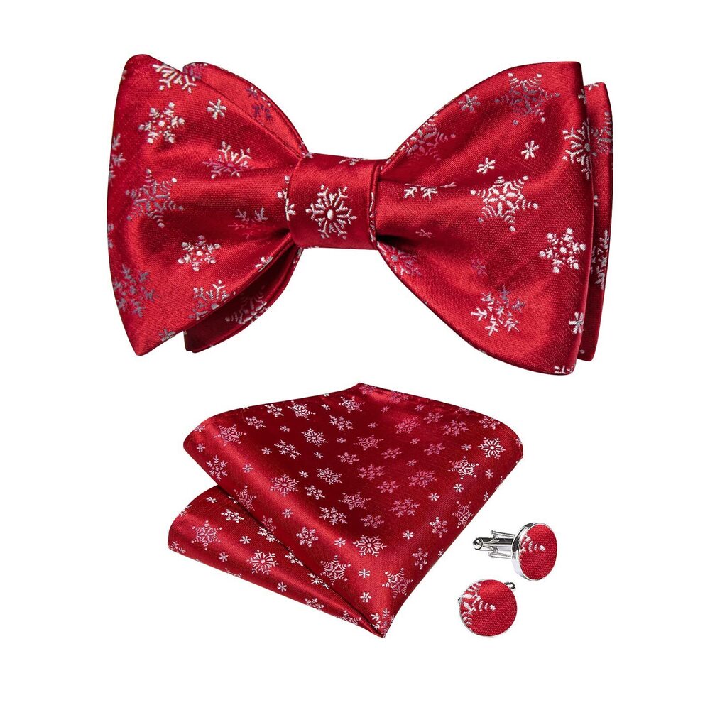 7251 Christmas Bow Tie Silk Festival Self Bowtie and Pocket Square Cufflink